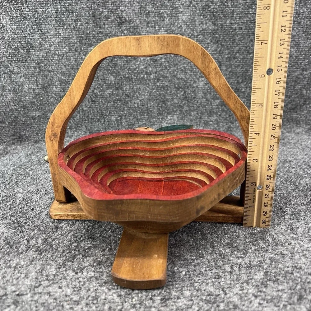 Folding Wooden Red Apple Shaped Fruit Bowl Basket Trivet Collapsible Standing